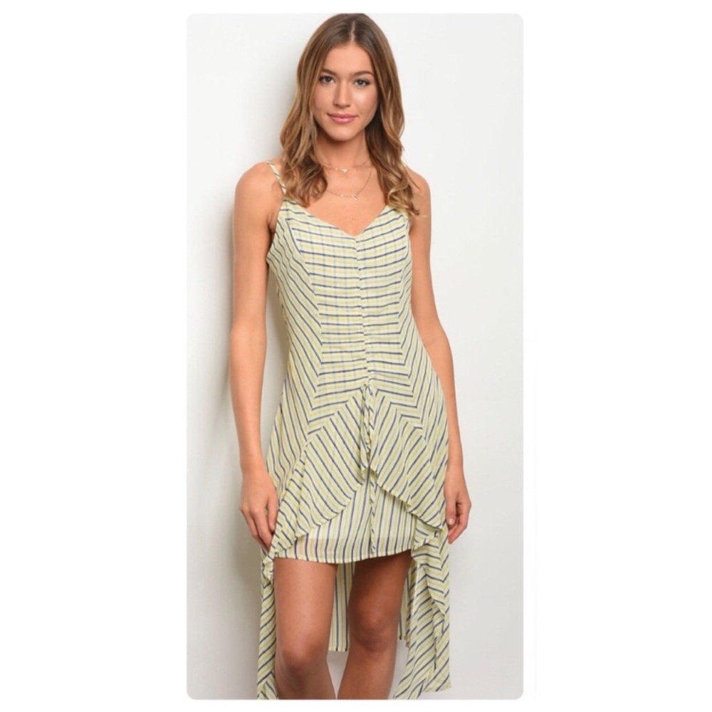 Yellow & Navy Front Draw String Ruffle Dress - Picture 2 of 12